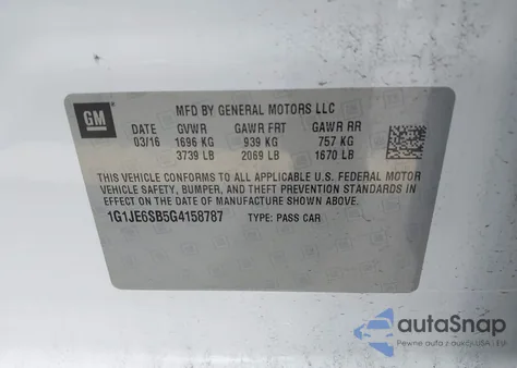 2016 Chevrolet Sonic Ltz Auto from USA, damaged, VIN 1G1JE6SB5G4158787